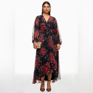 Hutch Black Wrap High-Low Dress with Red Floral Print